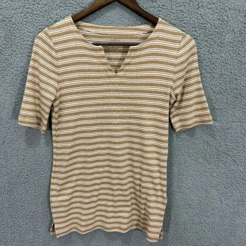 Talbots top womens XS beige striped half sleeve tee cotton v neck coastal beach‎